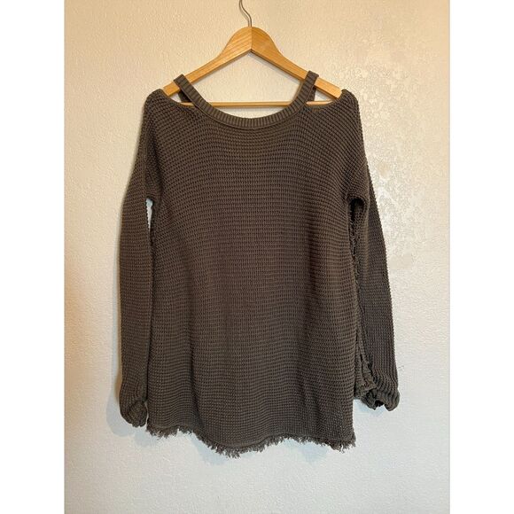 Free People Green Moonshine Cold Shoulder Thermal Waffle Knit Sweater Small - Picture 3 of 10
